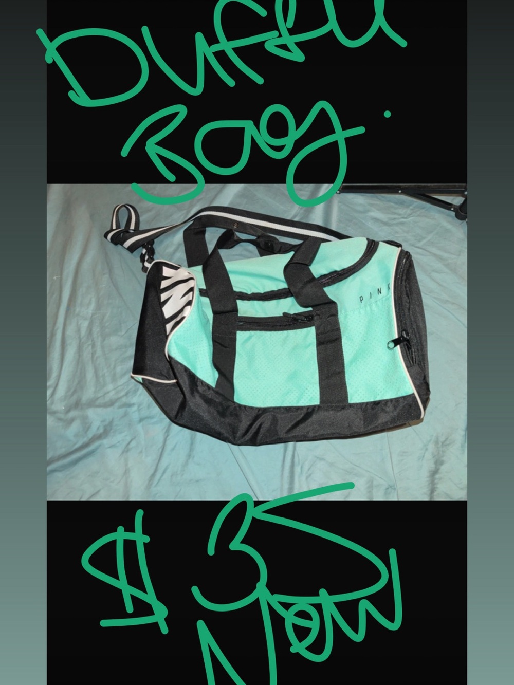 PINK Victoria's Secret Mint Green and Black Sport Duffel